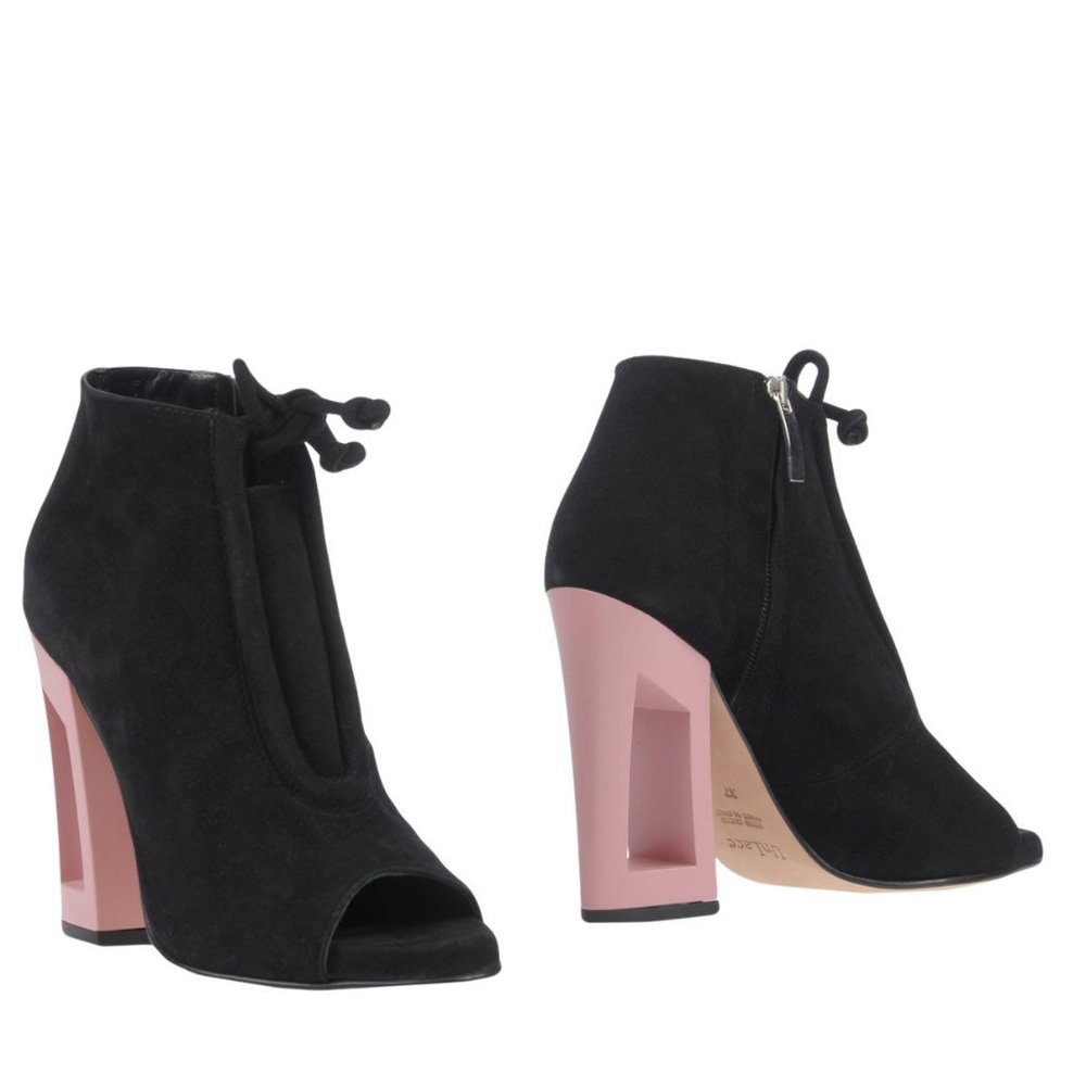 UNLACE Italy Black Suede Tie Peep Toe Pink Cut Out Block Heel EU 39/8.5US